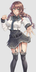 Rule 34 | 1girl, belt, belt buckle, black belt, black sailor collar, black shirt, black skirt, black thighhighs, blush, braid, breasts, brown hair, buckle, buttons, collared shirt, cropped jacket, feet out of frame, green eyes, grey background, hair between eyes, highres, jacket, kantai collection, kokuzou, large breasts, long hair, long sleeves, noshiro (kancolle), pleated skirt, sailor collar, shirt, simple background, skirt, smile, solo, thighhighs, twin braids, white jacket