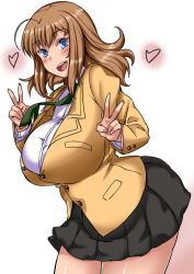 Rule 34 | 1girl, ahoge, blue eyes, breasts, brown hair, double v, heart, huge breasts, komusou (jinrikisha), long hair, looking at viewer, necktie, ooba minori, open mouth, original, school uniform, simple background, skirt, smile, solo, standing, thighs, v, white background