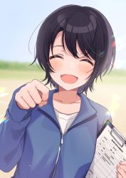 Rule 34 | 1girl, ^ ^, black hair, blurry, blurry background, blush, clenched hand, closed eyes, collarbone, commentary request, highres, holding, hololive, oozora subaru, open mouth, shigure ui, short hair, solo, sportswear, upper body, virtual youtuber