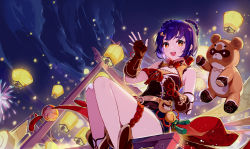 Rule 34 | 1girl, absurdres, bare shoulders, black gloves, blue hair, braid, china dress, chinese clothes, dress, fingerless gloves, fireworks, full body, genshin impact, gloves, guoba (genshin impact), hair ornament, hairclip, highres, lantern, looking at viewer, night, night sky, open mouth, panda, scenery, short hair, sitting, sky, sleeveless, sleeveless dress, smile, thighlet, twin braids, wawako mama, xiangling (genshin impact), yellow eyes
