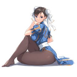 Rule 34 | 1girl, amado (shin), ass, black pantyhose, blue eyes, bracelet removed, breasts, brown hair, capcom, china dress, chinese clothes, chun-li, crossed legs, curvy, double bun, dress, feet, female focus, hair bun, head rest, highres, pantyhose, shoes, unworn shoes, sitting, solo, street fighter, thick thighs, thighs, toes