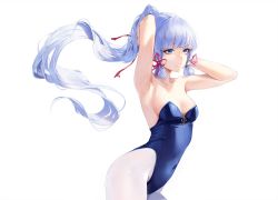 Rule 34 | 1girl, armpits, arms up, ayaka (genshin impact), bare arms, bare shoulders, blue eyes, blue hair, blue leotard, blunt bangs, breasts, covered navel, floating hair, from side, genshin impact, hair ribbon, leotard, leviathan (hikinito0902), light blue hair, long hair, looking ahead, pantyhose, parted lips, ponytail, ribbon, simple background, small breasts, solo, teeth, tress ribbon, tying hair, very long hair, white background, white pantyhose