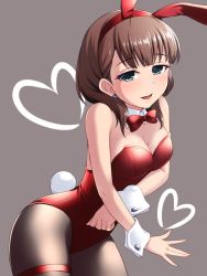 Rule 34 | 1girl, animal ears, black pantyhose, blue eyes, bow, bowtie, breasts, brown hair, cleavage, commentary request, cowboy shot, detached collar, fake animal ears, grey background, idolmaster, idolmaster cinderella girls, leotard, medium breasts, pantyhose, pataneet, playboy bunny, rabbit ears, rabbit tail, red bow, red bowtie, red leotard, sakuma mayu, short hair, simple background, smile, solo, standing, strapless, strapless leotard, tail, wrist cuffs