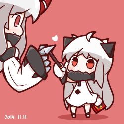 Rule 34 | 10s, 2girls, abyssal ship, chibi, colored skin, dress, food, highres, horns, kantai collection, long hair, mittens, multiple girls, northern ocean princess, nuu (nu-nyu), pocky, pocky day, red eyes, seaport princess, white dress, white hair, white skin