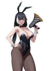 Rule 34 | 1girl, alternate costume, animal ears, bare shoulders, black bow, black bowtie, black hair, black leotard, black pantyhose, blush, bow, bowtie, breasts, cero (last2stage), cleavage, collarbone, commentary, commission, covered navel, cowboy shot, detached collar, english commentary, fake animal ears, girls&#039; frontline, hand on own hip, heterochromia, highleg, highleg leotard, highres, holding, large breasts, leotard, long hair, multicolored hair, pantyhose, parted lips, playboy bunny, rabbit ears, red eyes, ro635 (girls&#039; frontline), simple background, smile, solo, streaked hair, thighs, white background, white hair, wrist cuffs, yellow eyes