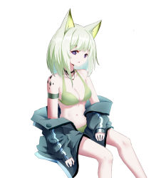 Rule 34 | 1girl, absurdres, animal ears, arknights, armband, bare shoulders, bikini, black choker, breasts, chinese commentary, choker, cleavage, commentary request, feet out of frame, green bikini, grey jacket, highres, huizhiyin, jacket, kal&#039;tsit (arknights), long sleeves, looking at viewer, material growth, medium breasts, navel, off shoulder, open clothes, open jacket, oripathy lesion (arknights), parted lips, purple eyes, short hair, silver hair, simple background, sitting, solo, stomach, swimsuit, white background