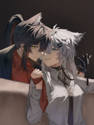 Rule 34 | 2girls, absurdres, animal ears, arknights, black gloves, black hair, black necktie, breasts, closed mouth, collar, collared shirt, commentary, gloves, green eyes, grey hair, grin, hair between eyes, highres, lappland (arknights), leash, long hair, long sleeves, looking at viewer, medium breasts, multicolored hair, multiple girls, necktie, necktie grab, neckwear grab, official alternate costume, parted lips, ponytail, red hair, red necktie, red shirt, scar, scar across eye, scar on face, sharp teeth, shiba257, shirt, sidelocks, smile, spiked collar, spikes, symbol-only commentary, teeth, texas (arknights), texas (willpower) (arknights), two-tone hair, upper body, white shirt, wolf ears, yellow eyes