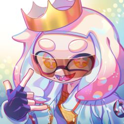 Rule 34 | 1girl, \m/, black gloves, commentary request, crown, fingerless gloves, gloves, gradient hair, highres, inkling, korean commentary, medium hair, mole, mole under mouth, multicolored hair, nintendo, open mouth, pearl (splatoon), pink hair, short eyebrows, smile, solo, splatoon (series), splatoon 3, splatoon 3: side order, star-shaped pupils, star (symbol), symbol-shaped pupils, teeth, tentacle hair, thick eyebrows, two-tone hair, ufo sw, upper body, white hair