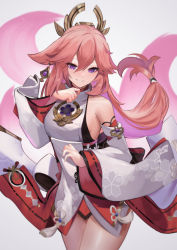 Rule 34 | 1girl, alternate breast size, animal ears, bare shoulders, breasts, cowboy shot, detached sleeves, dress, fox ears, fox girl, fox tail, genshin impact, grin, hair ornament, hand up, highres, kitsune, long hair, long sleeves, looking at viewer, multiple tails, pink hair, purple eyes, short dress, small breasts, smile, solo, tail, thighs, very long hair, white dress, wide sleeves, yae miko, yoshizawa tsubaki