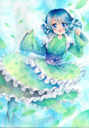 Rule 34 | 1girl, blue eyes, blue hair, curly hair, fins, frills, head fins, highres, japanese clothes, leaf, matching hair/eyes, mermaid, monster girl, mosho, open mouth, painting (medium), smile, solo, touhou, traditional media, underwater, wakasagihime, water, watercolor (medium), wet, wet clothes