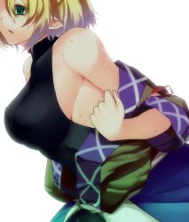 Rule 34 | 1girl, bare shoulders, blonde hair, blush, breasts, green eyes, highres, large breasts, mizuhashi parsee, off shoulder, pointy ears, short hair, simple background, sleeveless, solo, sousakubito, sweat, touhou, white background