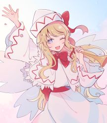 Rule 34 | 1girl, blonde hair, blue eyes, blush, capelet, dress, fairy, fairy wings, hat, highres, holding, holding instrument, instrument, lily white, long hair, long sleeves, mozukuzu (manukedori), one eye closed, open mouth, petals, smile, solo, touhou, upper body, white capelet, white dress, white hat, wide sleeves, wings