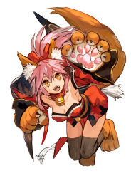 Rule 34 | 1girl, animal ears, animal hands, bell, breasts, cleavage, collar, dated, fate/grand order, fate (series), fox ears, fox tail, hair ribbon, large breasts, long hair, looking at viewer, neck bell, open mouth, paw shoes, pink hair, ribbon, simple background, solo, tail, tamamo (fate), tamamo cat (fate), tamamo cat (first ascension) (fate), tamamo no mae (fate/extra), toujou bun, white background, yellow eyes