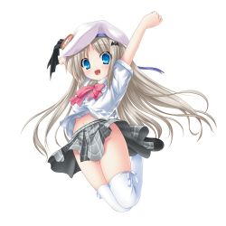 Rule 34 | 1girl, :d, arms up, blue eyes, blush, bow, bowtie, dress shirt, floating hair, full body, grey skirt, hair ribbon, hat, highres, jumping, kud wafter, little busters!, long hair, looking at viewer, midriff, miniskirt, na-ga, navel, no panties, noumi kudryavka, open mouth, outstretched arms, plaid, plaid skirt, pleated skirt, purple ribbon, red bow, red bowtie, ribbon, school uniform, shirt, short sleeves, silver hair, simple background, skirt, smile, solo, stomach, thighhighs, very long hair, white background, white hat, white shirt, white thighhighs