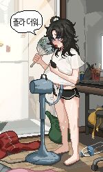 1girl barefoot black_hair black_shorts blue_eyes bottle bra commentary_request dolphin_shorts electric_fan highres hot indoors jacket korean_commentary korean_text medium_hair messy_hair messy_room open_mouth original pixel_art red_jacket shirt shorts solo speech_bubble sweat translated underwear unworn_bra water_bottle white_shirt window zirarval