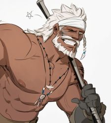 Rule 34 | 1boy, abs, bara, beard, biceps, blue eyes, dark-skinned male, dark skin, facial hair, final fantasy, final fantasy xiv, grin, headband, jewelry, large pectorals, long hair, looking at viewer, lyon rem helsos, male focus, mature male, muscular, muscular male, mustache, necklace, nipples, old, old man, one eye closed, over shoulder, pectorals, smile, solo, stomach, tooth necklace, topless male, veins, weapon, weapon over shoulder, white hair, wkokbu