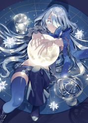 Rule 34 | 1girl, absurdres, asymmetrical footwear, boots, constellation, female focus, gem, hazuki mizuho, high heels, highres, holding, jewelry, lamp, looking at viewer, looking up, lying, medium hair, mismatched footwear, nail, on back, on ground, original, ring, silver hair, solo, thighhighs