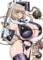 Rule 34 | 1girl, ball, ball and chain (weapon), bikini, black bra, black panties, blonde hair, bombergirl, bra, breasts, bursting breasts, castlevania (series), chain, elbow gloves, garter belt, gloves, green eyes, highres, huge breasts, komusou (jinrikisha), latex, latex gloves, long hair, looking at viewer, nun, panties, revealing clothes, seductive smile, sepia belmont, simple background, skindentation, smile, solo, spiked ball and chain, spikes, standing, swimsuit, thick thighs, thighs, underwear, whip, white background