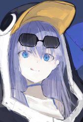 Rule 34 | 1girl, animal hood, asagi (kabocha oukoku), blue background, blue eyes, character request, copyright request, eyewear on head, hood, long hair, looking at viewer, meltryllis (swimsuit lancer) (first ascension) (fate), penguin hood, purple hair, sketch, solo, sunglasses, tongue, tongue out