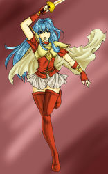 Rule 34 | 1girl, angry, aqua hair, armor, blue eyes, blue hair, boots, bracelet, cape, eirika (fire emblem), female focus, fire emblem, fire emblem: the sacred stones, full body, gloves, gradient background, jewelry, long hair, matching hair/eyes, nintendo, princess, running, skirt, smile, solo, sword, thigh boots, thighhighs, weapon