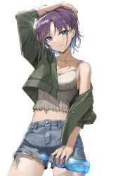 Rule 34 | 1girl, animal ears, asakura toru, blue hair, bottle, breasts, camisole, cleavage, collarbone, crop top, denim, denim shorts, gradient hair, green jacket, hand on own head, highres, holding, holding bottle, idolmaster, idolmaster shiny colors, jacket, jacket partially removed, light smile, looking at viewer, multicolored hair, navel, photoshop (medium), purple hair, ramune, ribbed camisole, short hair, shorts, simple background, solo, torn clothes, torn shorts, yinrain0023