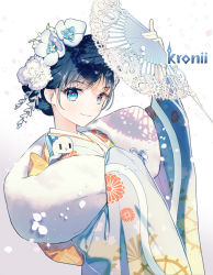 Rule 34 | 1girl, blue eyes, blue hair, blue kimono, boros (ouro kronii), character name, cherry blossoms, closed mouth, floral print, flower, folding fan, from side, fur, gradient background, grey background, hair bun, hair flower, hair intakes, hair ornament, hand fan, highres, holding, holding fan, hololive, hololive english, japanese clothes, kimono, looking at viewer, multicolored background, official alternate costume, ouro kronii, ouro kronii (new year), print kimono, rumi (rarumi11), short hair, single hair bun, sleeves past fingers, sleeves past wrists, smile, solo, upper body, virtual youtuber, white background, wide sleeves