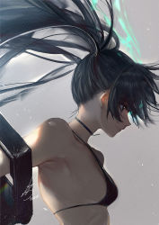 Rule 34 | 1girl, arm cannon, armpits, bare shoulders, bikini, bikini top only, black choker, black hair, black rock shooter, black rock shooter (character), blue eyes, blue fire, breasts, choker, closed mouth, fire, flaming eye, from side, glowing, glowing eye, grey background, highres, hoojiro, light, long hair, looking down, midriff, over shoulder, pale skin, profile, small breasts, smile, solo, strap gap, swimsuit, twintails, uneven twintails, upper body, weapon, weapon over shoulder