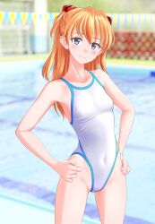 Rule 34 | 1girl, absurdres, blue eyes, blurry, blurry background, breasts, collarbone, commentary request, competition school swimsuit, covered navel, cowboy shot, hands on own hips, highleg, highleg swimsuit, highres, interface headset, neon genesis evangelion, one-piece swimsuit, orange hair, pool, school swimsuit, small breasts, solo, souryuu asuka langley, string of flags, swimsuit, takafumi, two side up, white one-piece swimsuit