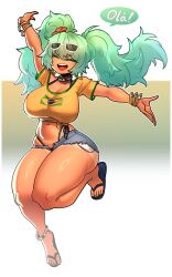 1girl absurdres alternate_breast_size anklet aqua_hair bikini blue_bikini blue_footwear bracelet brazilian_flag_print brazilian_miku breasts cleavage closed_eyes eyebrows_hidden_by_hair full_body gintm hair_between_eyes hatsune_miku highres jersey jewelry jumping large_breasts long_hair open_mouth outstretched_arms portuguese_text shirt short_shorts shorts simple_background smile solo speech_bubble spread_arms swimsuit tan tanline teeth thick_thighs thighs twintails upper_teeth_only very_long_hair vocaloid yellow_shirt