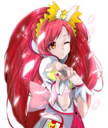 Rule 34 | 1girl, cure ace, dokidoki! precure, hand on own chest, highres, long hair, madoka aguri, one eye closed, petals, pointing, precure, red eyes, red hair, simple background, solo, white background, wink, yuki (nanao yuki)