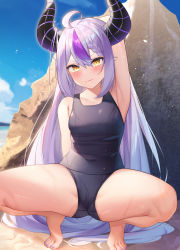 Rule 34 | 1girl, absurdres, ahoge, arm behind head, arm up, armpits, bare arms, bare shoulders, barefoot, beach, black one-piece swimsuit, blue sky, blush, braid, breasts, closed mouth, cloud, collarbone, commentary, covered navel, day, demon girl, demon horns, french braid, hair between eyes, head tilt, highres, hololive, horns, la+ darknesss, long hair, looking at viewer, milk box (leoleo963852741), multicolored hair, nail polish, old school swimsuit, one-piece swimsuit, outdoors, pointy ears, purple hair, purple nails, rock, school swimsuit, shiny skin, sidelocks, sky, small breasts, solo, spread legs, squatting, streaked hair, striped horns, swimsuit, thighs, tiptoes, toenail polish, toenails, toes, v-shaped eyebrows, very long hair, virtual youtuber, wet, yellow eyes