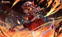 Rule 34 | 1girl, absurdres, ascot, blonde hair, breasts, fire, flandre scarlet, foreshortening, hair between eyes, hat, highres, laevatein (touhou), mob cap, reaching, reaching towards viewer, red eyes, red vest, skirt, skirt set, small breasts, solo, top-exerou, touhou, vest, yellow ascot
