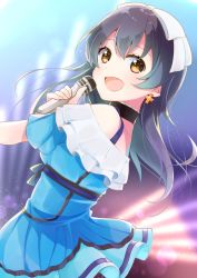 Rule 34 | 1girl, bad id, bad pixiv id, bare shoulders, blue hair, blush, choker, earrings, from behind, hair ribbon, highres, holding, holding microphone, jewelry, kira-kira sensation!, long hair, looking at viewer, love live!, love live! school idol project, microphone, music, open mouth, ribbon, singing, smile, solo, sonoda umi, yellow eyes