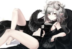 Rule 34 | 1girl, absurdres, arknights, bare legs, bare shoulders, barefoot, black nails, commentary, crocodilian tail, flower, foot out of frame, grey eyes, highres, nail polish, navel, pointy ears, ribiadan, short hair, silver hair, solo, stomach, tail, thighs, toenail polish, toenails, tomimi (arknights), white flower
