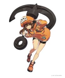 Rule 34 | 1girl, absurdres, anchor, ankle boots, backpack, bag, bent over, bike shorts, black shorts, boots, brown eyes, brown hair, copyright notice, counter:side, guilty gear, guilty gear strive, hand over eye, hat, highres, holding, holding anchor, hood, hoodie, leg up, long sleeves, looking at viewer, may (guilty gear), official art, orange footwear, orange hat, orange hoodie, over shoulder, pirate hat, shorts, skull and crossbones, smile, tachi-e, transparent background, weapon, weapon over shoulder