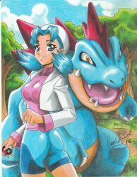 Rule 34 | 1girl, 2018, artist name, ass, bike shorts, blue eyes, blue hair, blue shorts, breasts, claws, creatures (company), day, ears, eyelashes, fang, feraligatr, flipped hair, forest, game freak, gen 2 pokemon, hat, impossible hair, jacket, large breasts, marina (pokemon), medium breasts, nature, nintendo, open clothes, open jacket, open mouth, orange eyes, outdoors, pink shirt, poke ball, pokemon, pokemon (anime), pokemon (classic anime), pokemon (creature), ravernclouk design, shirt, shorts, sky, tongue, traditional media, tree, twintails, white headwear, white jacket