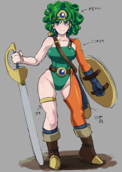 Rule 34 | breasts, butcha-u, dragon quest, dragon quest iv, green hair, heroine (dq4), large breasts, shield, simple background, smile, sword, translation request, weapon