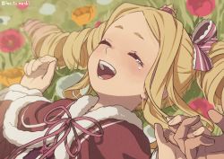 Rule 34 | 1girl, :d, absurdres, beatrice (re:zero), blonde hair, blush, capelet, closed eyes, commentary request, crown, crying, drill hair, eyelashes, flower, fur-trimmed capelet, fur trim, grass, hair ribbon, hand grab, hands up, highres, iwamushi, long hair, long sleeves, lying, mini crown, on back, open mouth, parted bangs, purple ribbon, re:zero kara hajimeru isekai seikatsu, red capelet, ribbon, sidelocks, smile, tears, teeth, tongue, twin drills, twitter username, upper body, |d