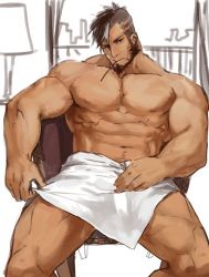 Rule 34 | 1boy, abs, bandaid, bandaid on cheek, bandaid on face, bara, bare pectorals, beard, black hair, bulge, cyphers, damian doyle (cyphers), dark-skinned male, dark skin, facial hair, gomtang, head tilt, large pectorals, male focus, male pubic hair, mature male, mohawk, muscular, muscular male, navel, navel hair, nipples, pectoral cleavage, pectorals, penis, pubic hair, short hair, sideburns, sidepec, solo, stomach, stubble, thick thighs, thighs, third-party source