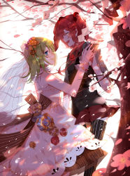 Rule 34 | 2girls, blue eyes, bow, bridal veil, bride, cherry blossoms, chinese commentary, commentary request, dress, closed eyes, flower, formal, green hair, hair bobbles, hair flower, hair ornament, holding hands, happy, highres, interlocked fingers, long hair, looking at another, medium hair, multiple girls, onozuka komachi, open mouth, orange flower, outdoors, petals, purple flower, red hair, rope, rose, shiki eiki, shimenawa, skirt, smile, suit, tears, thighhighs, touhou, transparent (randomhs), tree, two side up, veil, wedding dress, wife and wife, wind, yuri