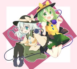 Rule 34 | blush, bow, clenched hand, collaboration, dual persona, eyeball, green eyes, green hair, hat, hat bow, heart, heart of string, jumping, komeiji koishi, long sleeves, looking at viewer, one eye closed, open mouth, pantyhose, short hair, silver hair, sitting, skirt, third eye, touhou, wide sleeves, yakimochi, yamase