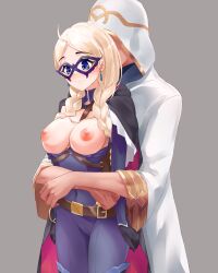 Rule 34 | 1boy, 1girl, absurdres, ahoge, black gloves, blue bodysuit, blue eyes, blush, bodysuit, braid, breasts, breasts out, cape, chain, chest harness, cleavage, closed mouth, commission, commissioner upload, couple, covered navel, crystal earrings, earrings, eye mask, faceless, faceless male, fire emblem, fire emblem fates, fire emblem heroes, gloves, gold chain, harness, hetero, highres, hood, hooded cape, hug, hug from behind, jewelry, kiran (fire emblem), kiran (male) (fire emblem), leather belt, long hair, low twin braids, medium breasts, mi nyawn3, nina (fire emblem), nina (thief) (fire emblem), nintendo, nipples, non-web source, o-ring, official alternate costume, parted bangs, skin tight, turtleneck, twin braids, two-tone cape, white hair