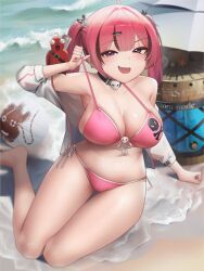 Rule 34 | 1girl, absurdres, ahoge, animal on arm, arm support, armpits, ball, bare shoulders, barefoot, beach, bikini, black choker, black ribbon, blurry, blurry background, breasts, brown hair, choker, cleavage, collarbone, commentary, day, ear piercing, fang, feet, front-tie bikini top, front-tie top, gloomyowl, goddess of victory: nikke, hair ornament, hair ribbon, hairclip, highres, jacket, large breasts, legs, light blush, long sleeves, looking at viewer, mast (a pirate&#039;s heart) (nikke), mast (nikke), morgan (nikke), multicolored hair, navel, open clothes, open jacket, open mouth, outdoors, piercing, pink bikini, pulling own clothes, purple eyes, raised eyebrow, red hair, ribbon, sand, side-tie bikini bottom, sitting, skin fang, skull choker, skull hair ornament, skull ornament, skull print, smile, solo, starfish, stomach, strap pull, streaked hair, swimsuit, thighs, twintails, two-tone hair, water, white jacket, wilson (cast away), yokozuwari