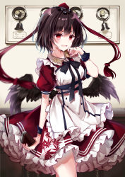 Rule 34 | 1girl, :d, alternate costume, apron, bell, bird wings, black hair, black ribbon, black wings, breasts, camera, commentary, cowboy shot, dress, enmaided, feathered wings, frilled apron, frilled dress, frills, hair between eyes, hand up, hat, highres, holding, indoors, kisaragi yuri, leaf print, leaf print, looking at viewer, maid, maid apron, medium breasts, neck ribbon, open mouth, petticoat, puffy short sleeves, puffy sleeves, red dress, red eyes, ribbon, shameimaru aya, short hair, short sleeves, smile, solo, standing, tassel, thighs, tokin hat, touhou, white apron, wings, wrist cuffs