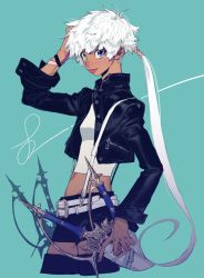 Rule 34 | 1girl, :p, belt, black jacket, blue eyes, breasts, cowboy shot, cropped jacket, dark-skinned female, dark skin, heterochromia, highres, jacket, laika (pigeon666), leather, leather jacket, long hair, long sleeves, looking at viewer, midriff, multicolored eyes, multiple swords, multiple weapons, navel, open clothes, open jacket, original, pigeon666, ponytail, sheath, sheathed, short hair, shorts, small breasts, solo, suspenders, sword, tank top, tongue, tongue out, weapon, white hair, yellow eyes