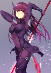Rule 34 | 1girl, bad id, bad pixiv id, bodysuit, breasts, covered navel, dual wielding, fate/grand order, fate (series), gae bolg (fate), highres, holding, large breasts, long hair, omochi no kimochi, parted lips, polearm, purple bodysuit, purple hair, red eyes, scathach (fate), scathach (fate), solo, spear, weapon