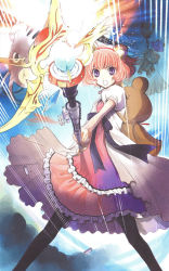 Rule 34 | 1girl, :o, animal ears, black pantyhose, bow, casing ejection, crystal, dress, female focus, firing, frilled dress, frills, hair ornament, holding, holding weapon, layered dress, legs apart, magic, magical girl, open mouth, pantyhose, pink hair, puffy short sleeves, puffy sleeves, purple bow, purple eyes, shell casing, short hair, short sleeves, solo, staff, stuffed animal, stuffed toy, two-handed, weapon