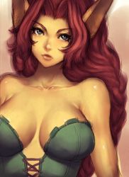 Rule 34 | 1girl, animal ears, bare shoulders, battle circuit, blue eyes, braid, breasts, capcom, cat ears, cleavage, collarbone, colored skin, fang, fumio (rsqkr), large breasts, lips, long hair, looking at viewer, no bra, red hair, simple background, single braid, solo, upper body, wavy hair, yellow beast, yellow skin