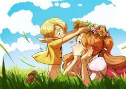 Rule 34 | 1boy, 1girl, absurdres, aged down, blonde hair, blue eyes, blush, brown hair, charlotte pudding, child, closed mouth, cloud, commentary request, curly eyebrows, day, dress, flower, grass, hands on own face, head wreath, highres, kneeling, long hair, looking at another, lying, on grass, on stomach, one piece, outdoors, pink dress, puffy sleeves, rita ya, sanji (one piece), shirt, short hair, short sleeves, sky, smile, third eye, time paradox, twintails, yellow shirt