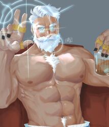 Rule 34 | 1boy, abs, bara, bare pectorals, beard, black nails, chest hair, commentary, cup, cwazytvthings, dislyte, drink, english commentary, facial hair, grey background, highres, holding, holding cup, holding drink, jewelry, large pectorals, male focus, multiple rings, pectorals, pritzker (mimir) (dislyte), ring, round eyewear, signature, solo, topless male, white facial hair, white hair